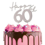 Happy 60th Silver Metal Plated Cake Topper