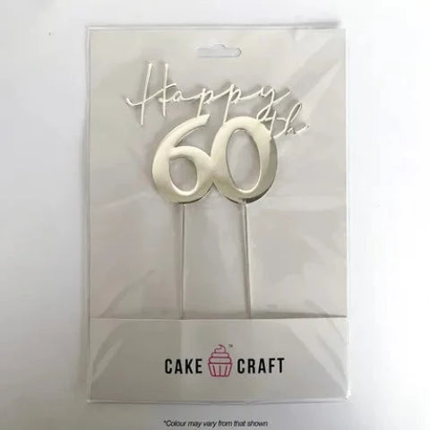 Happy 60th Silver Metal Plated Cake Topper