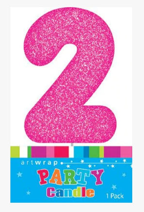 Number 2 Pink Candle With Shimmery Glitter.