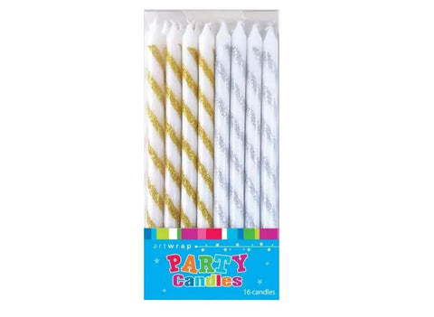 Gold/ Silver Stripe Cake Candles - 16 Pack