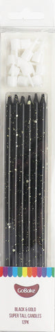Cake Candles Super Tall 18cm Black with Gold Splatter