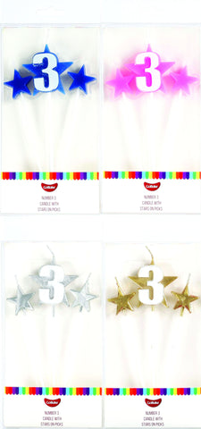 Number 3 Cake Candles- Stars on Picks. Great Value