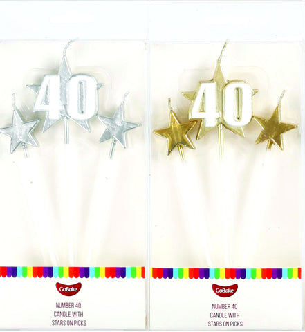 Number 40 Cake Candles- Stars on Picks. Great Value