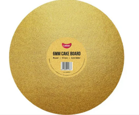 10 Inch Gold Glitter Round Cake Board. 6mm Thickness