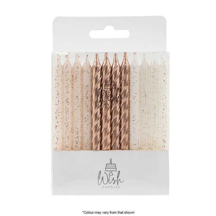 Rose Gold and White Spiral Cake Candles. 24 Pack