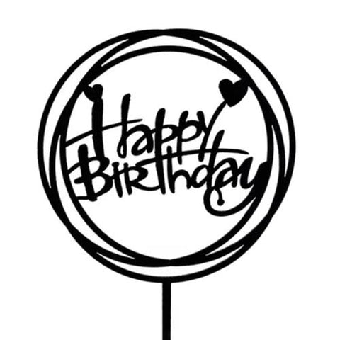 Acrylic Happy Birthday Cake Topper With Hearts - Black
