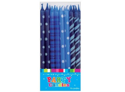 Cake Candles Tall Blue Patterned - 16 Pack