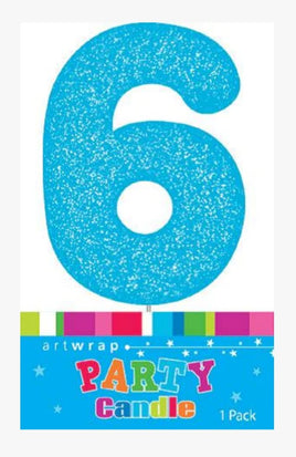 Number 6 Blue Candle With Shimmery Glitter
