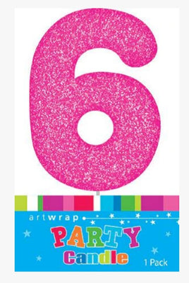 Number 6 Pink Candle With Shimmery Glitter.