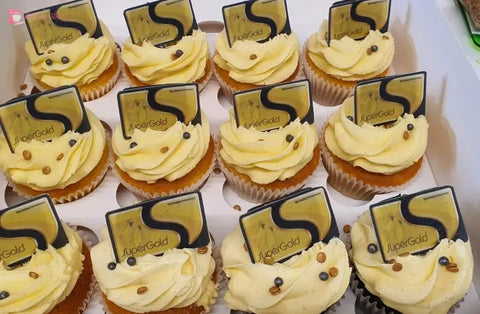 65 Years - Super Gold Card Theme Cupcakes. Available in 6 or 12 Packs.
