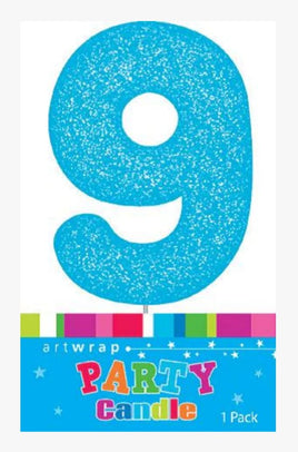 Number 9 Blue Candle With Shimmery Glitter