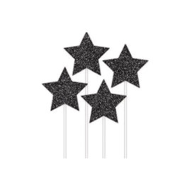 Black Glitter Star Card Cake Toppers - 4 Pack