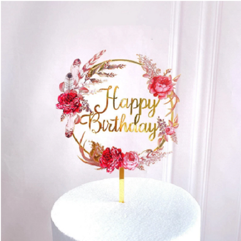 Acrylic Floral Happy Birthday Cake Topper