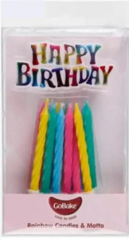 Rainbow Twist Candles & Happy Birthday Cake Motto Set