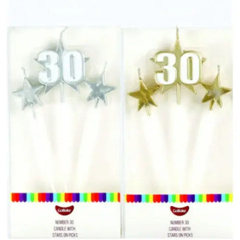Number 30 Cake Candles- Stars on Picks. Great Value
