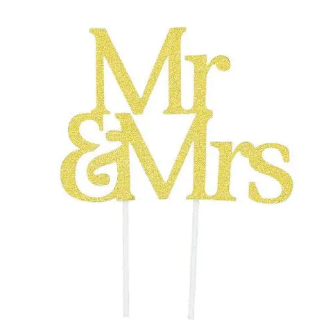 Gold Glitter Mr & Mrs Card Cake Topper
