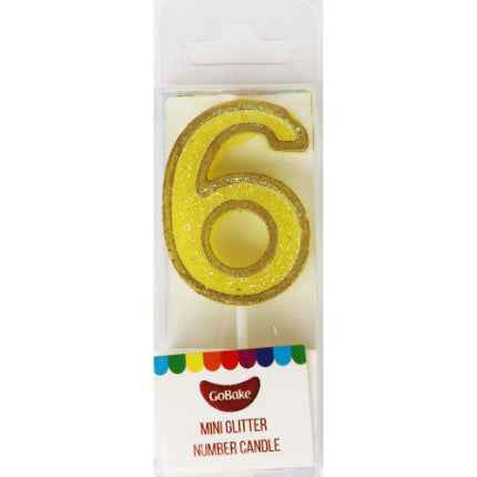 Mini Number 6 Candle With Shimmery Glitter.