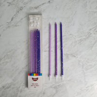 Cake Candles Super Tall 18cm Ombre Purple With Silver Splatter