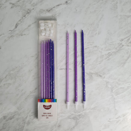 Cake Candles Super Tall 18cm Ombre Purple With Silver Splatter