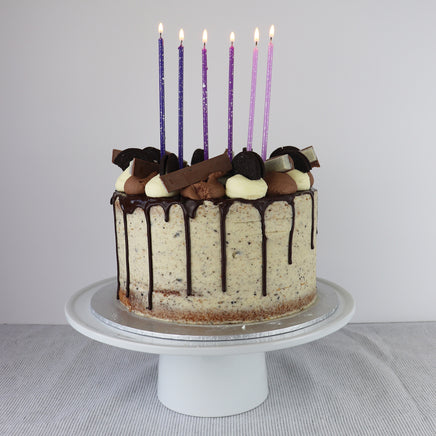 Cake Candles Super Tall 18cm Ombre Purple With Silver Splatter