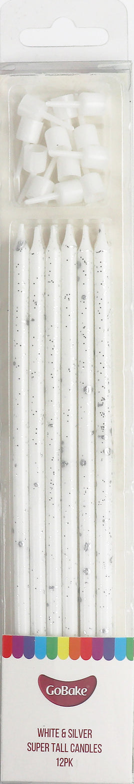 Cake Candles Super Tall 18cm White Silver Splatter