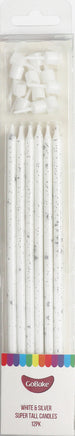 Cake Candles Super Tall 18cm White Silver Splatter
