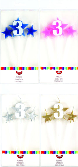 Number 3 Cake Candles- Stars on Picks. Great Value