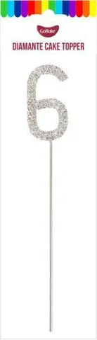 Number 6 Silver Diamante Cake Topper on Pick. Glitz and Glamour