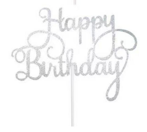 Silver Happy Birthday Card Cake Topper