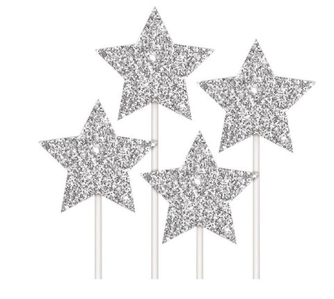 Silver Glitter Star Card Cake Toppers - 4 Pack