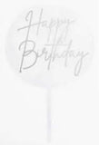 Acrylic Clear Round Happy Birthday Topper - Silver