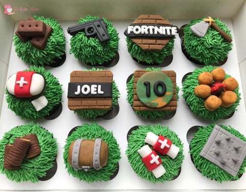 Fortnite Theme Cupcakes. Available in 6 or 12 Packs.