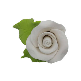 30mm Handmade Gumpaste Rose White With Leaf x5