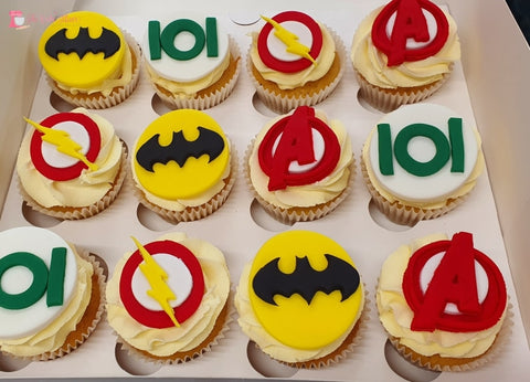 Super Hero Theme Cupcakes. Available in 6 or 12 Packs.